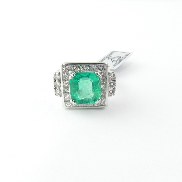 Vintage 17K and 14K White Gold Natural Square Emerald Diamond Ring #4856 - Picture 7 of 9